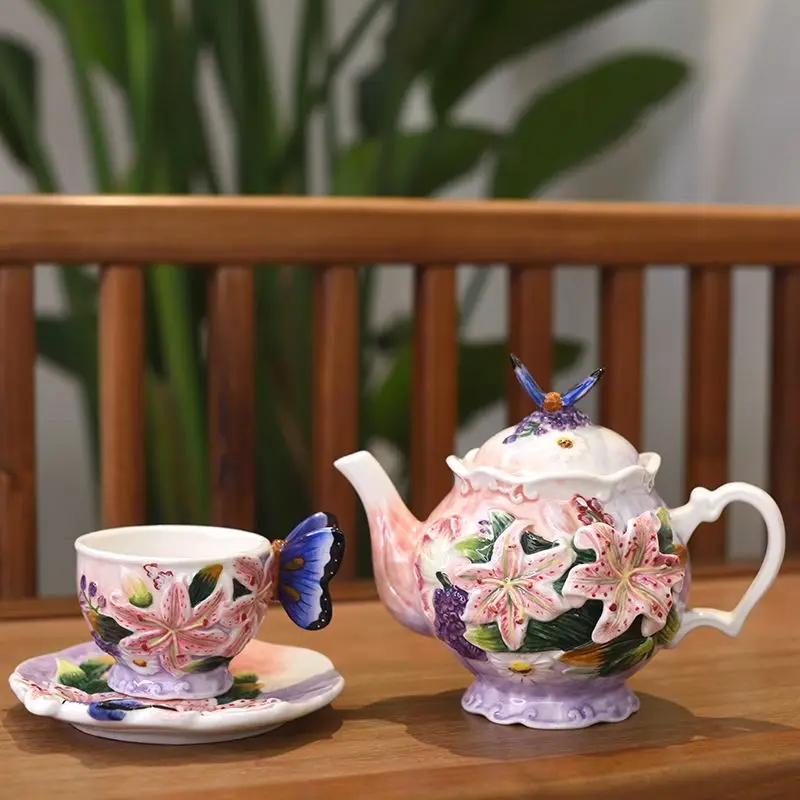 xx-Lily Flower Enamel Ceramic Tea Pot Cup Plate Set Ornaments Livingroom Coffee Table Porcelain Teapot Tea Cup Decoration Item