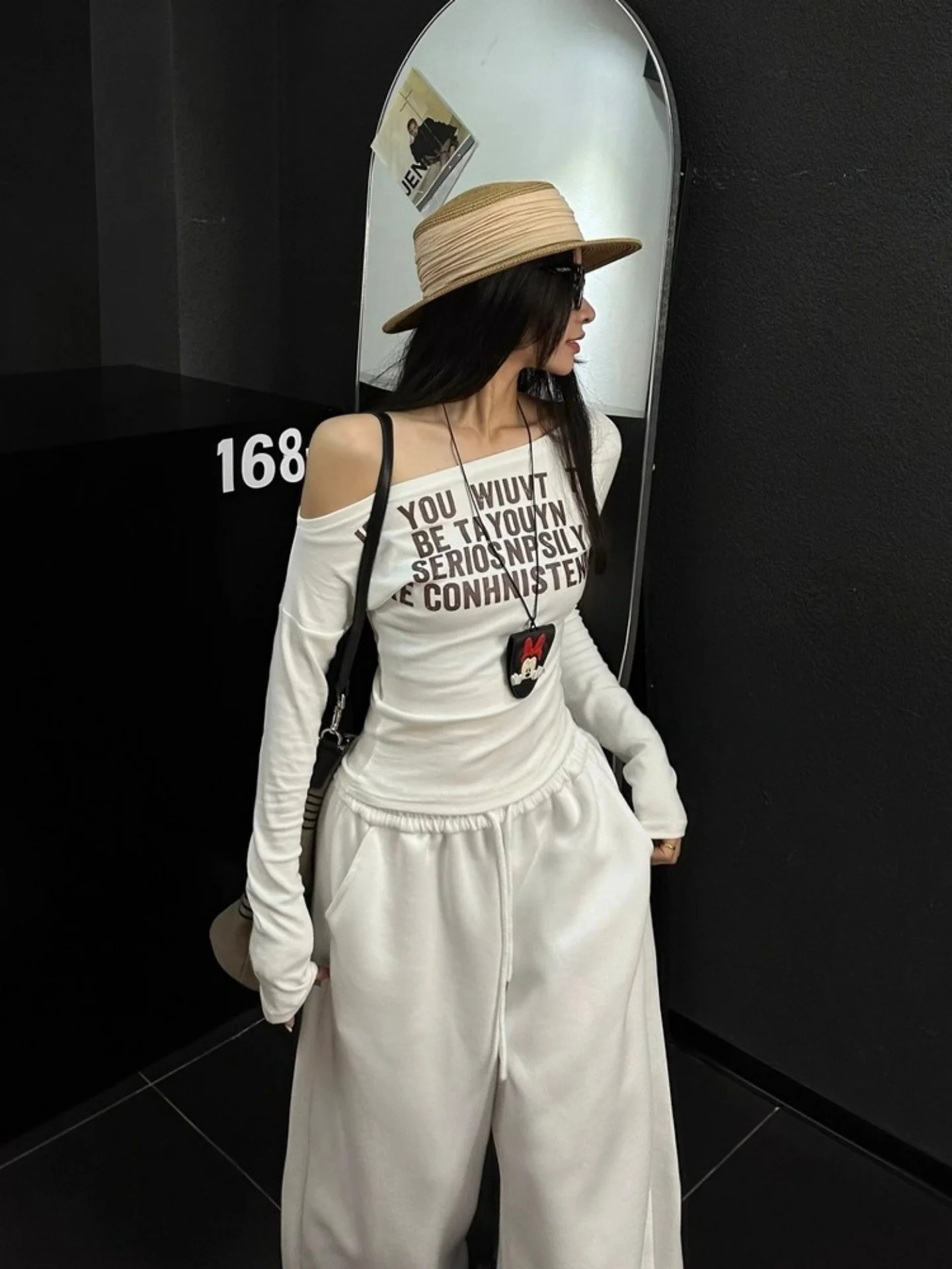 American Hot Girl Sle Long Sve Asymmetrisches Oulder-T-Shirt für Damen, 2025, neuer Frühling und Herbst, Slim-Fit-Basis, irt-Top, Desi...