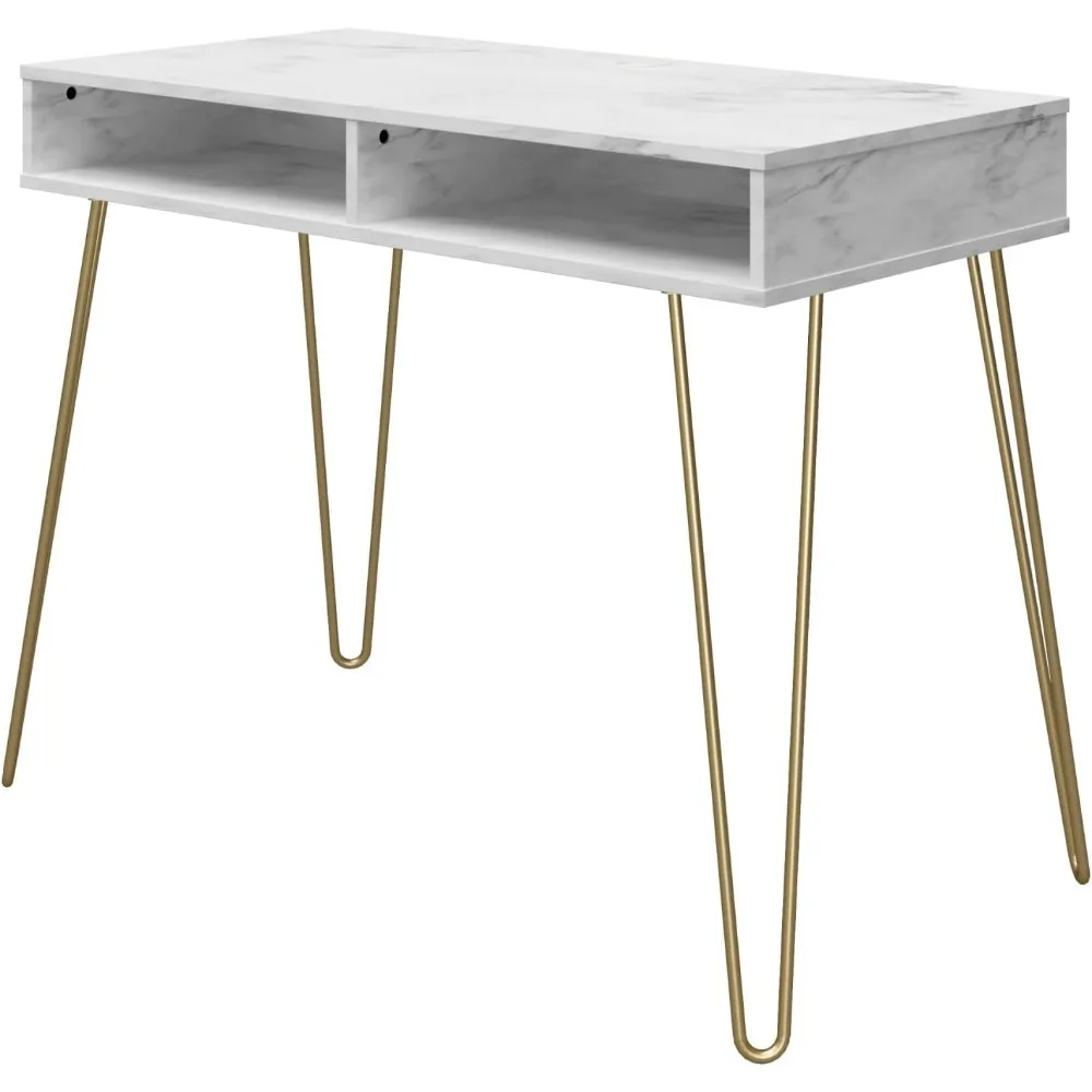 Nowoczesne biurko komputerowe z miejscem do przechowywania, imitujące biały marmur