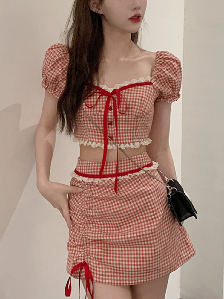 Red Sweet Plaid Two Piece Set Women Lace Vintage Elegant Party Mini Skirt Suit Korean Y2k Crop Tops + Casual Skirt Summer 2023