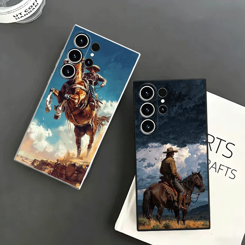 Rodeo Cowboy Horse Soft Phone Case For Samsung S24 S25 S26 Ultra S23 S22 Plus S21 S20 FE Edge + Black White Couple Cover