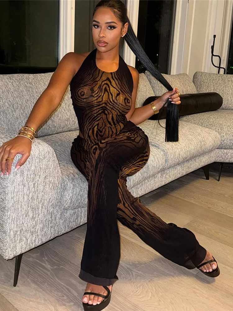 

InGrily Sexy Stripe Print Women 2 Piece Set coquette See Through Hipster Full Sleeve Crop Tops+Straight Pants Matching Clubwear