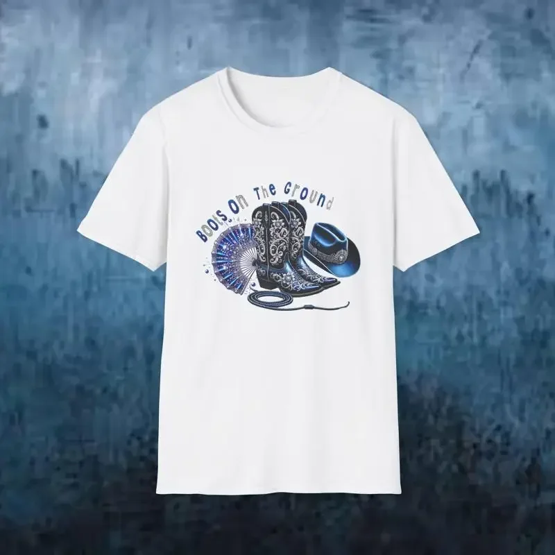 Cowboyhut mit blauem Stiefel-Design und T-Shirt im Western-Stil, Country-Line-Dance-Bekleidung für Fans