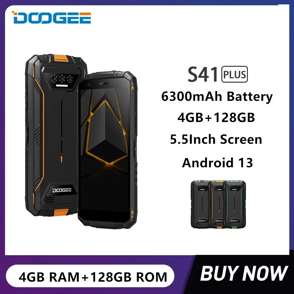 

New DOOGEE S41 Plus Rugged 4G Smartphones 5.5Inch HD Octa Core 4GB+128GB 13MP Camera Android 13 Mobile Phone 6300mAh Battery NFC