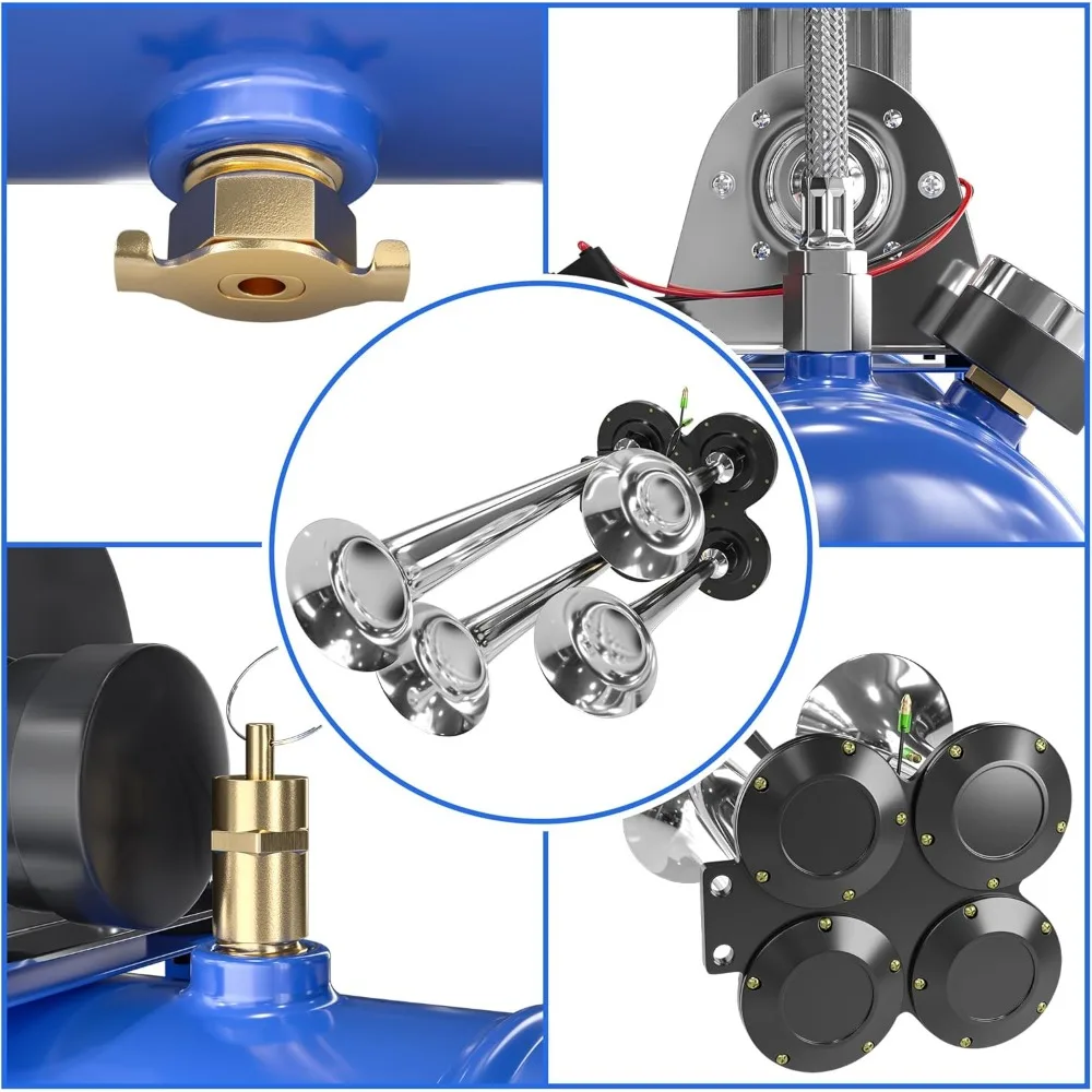 150デシベルの強力な列車用ホーンシステム（4つのホーン付き、150 PSI、12Vエアコンプレッサー）、トラック、車、バン、ボートに最適