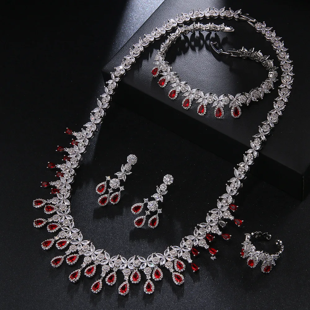 AAA Zircon 4pcs Deluxe Vintage Tassel Water Drop Wedding Bridal Necklace Earrings Set Women Dubai Jewelry Suit Free Shipping