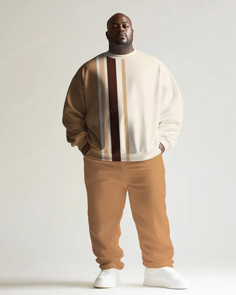 ZOOY (L-9XL) Plus Size Men's Chess Pattern Striped Colour Block Patchwork Long Sleeve Crew Neck Sweatshirt Sweatpants Set