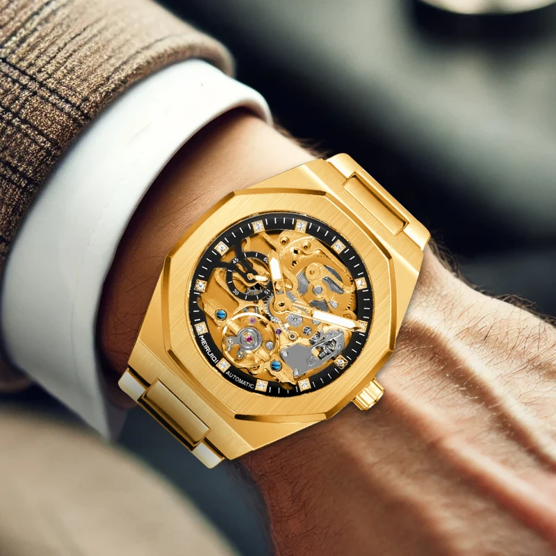 

Мужские элегантные желто-черные минималистичные полностью автоматические механические часы с многоугольной шкалой.