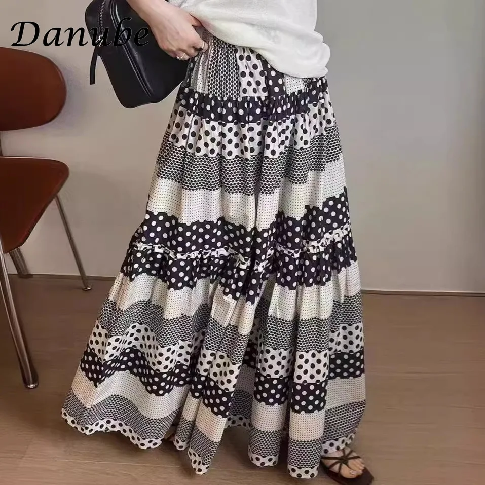 

Vintage Dot Bohemia Cotton Linen Skirt For Women Summer Korean Elegance Elastic High Waist Patchwork Pleated A-Line Skirt Female