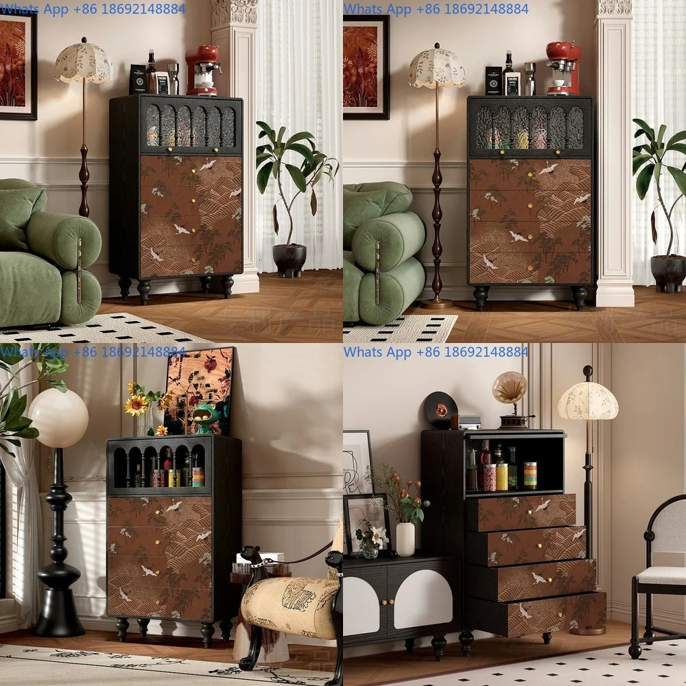 Solid Wood Vintage Style Crane Design Sideboard Storage Cabinet for Living Room Dining Room or Entryway Multi Compartment