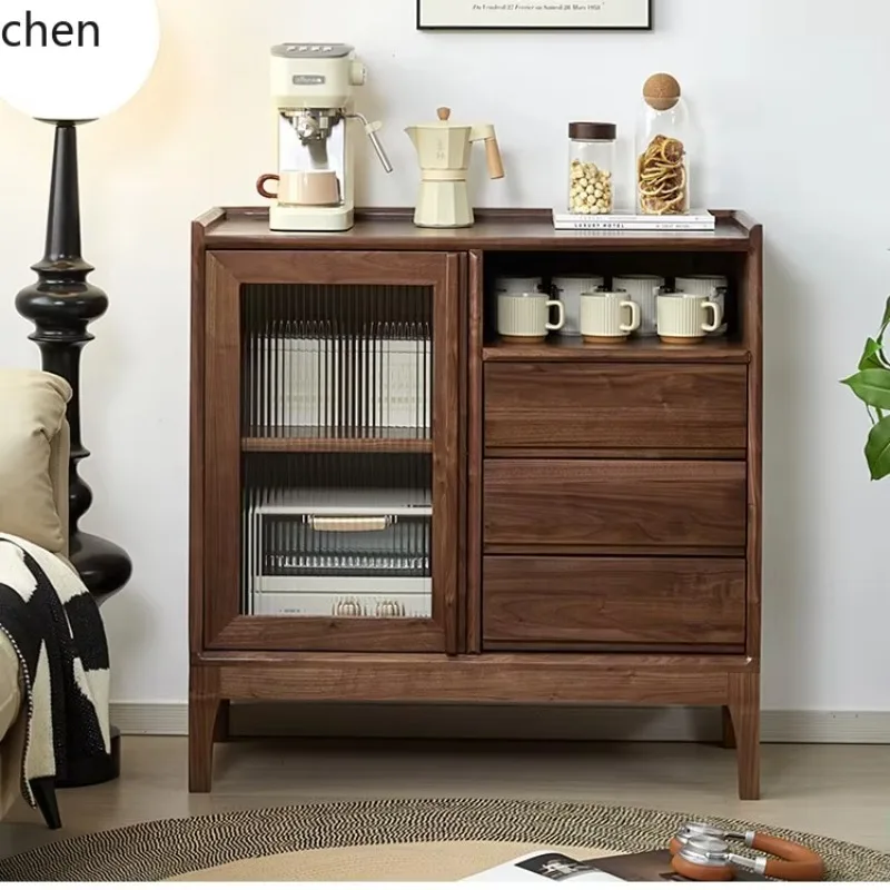

HYS Walnut Sideboard Cabinet Solid Wood Living Room Storage Cabinet Home Dining Room Glass Door Storage Cabinet