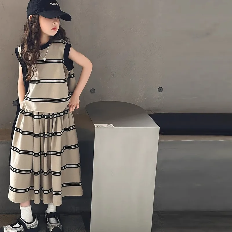 Spring Summer Girls Outfit Fashion Stylish Sleeveless 2piece Set Clothes Children Vest Loose Soft Wide-Leg Pants 10-18 Years