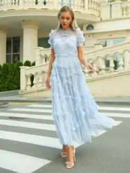 Elegant Ruffle Lace Maxi Evening Dress Purple White Sexy Long Wedding Dress Luxury Short Sleeve Summer Prom Dress Women 2024