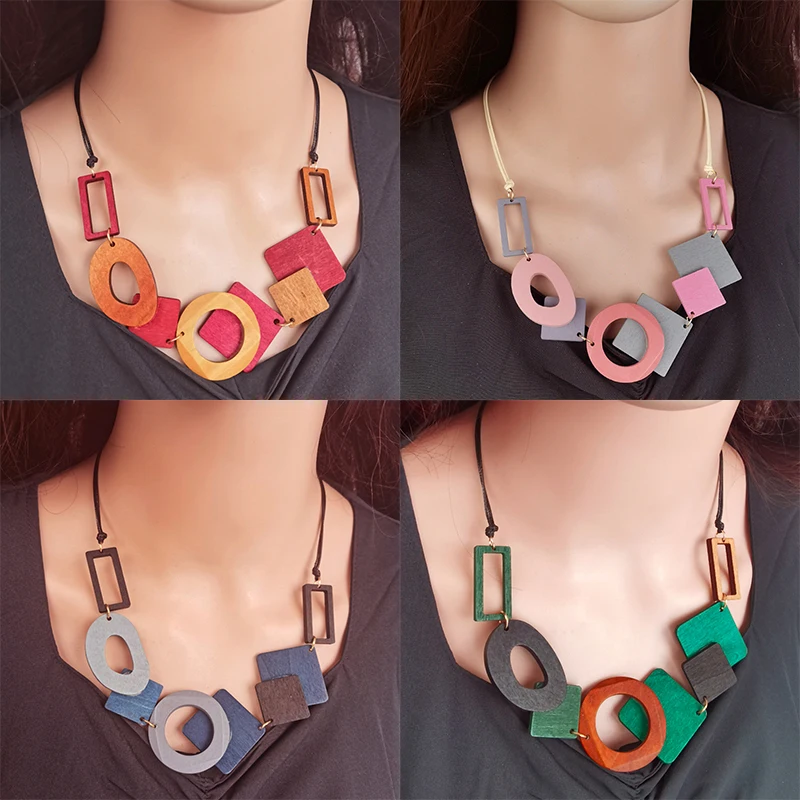 Boho Vintage Multicolour Wooden Geometric Bib Necklace for Women 2023 New Handmade Maxi Necklaces Ethnic Statement Neck Jewelry