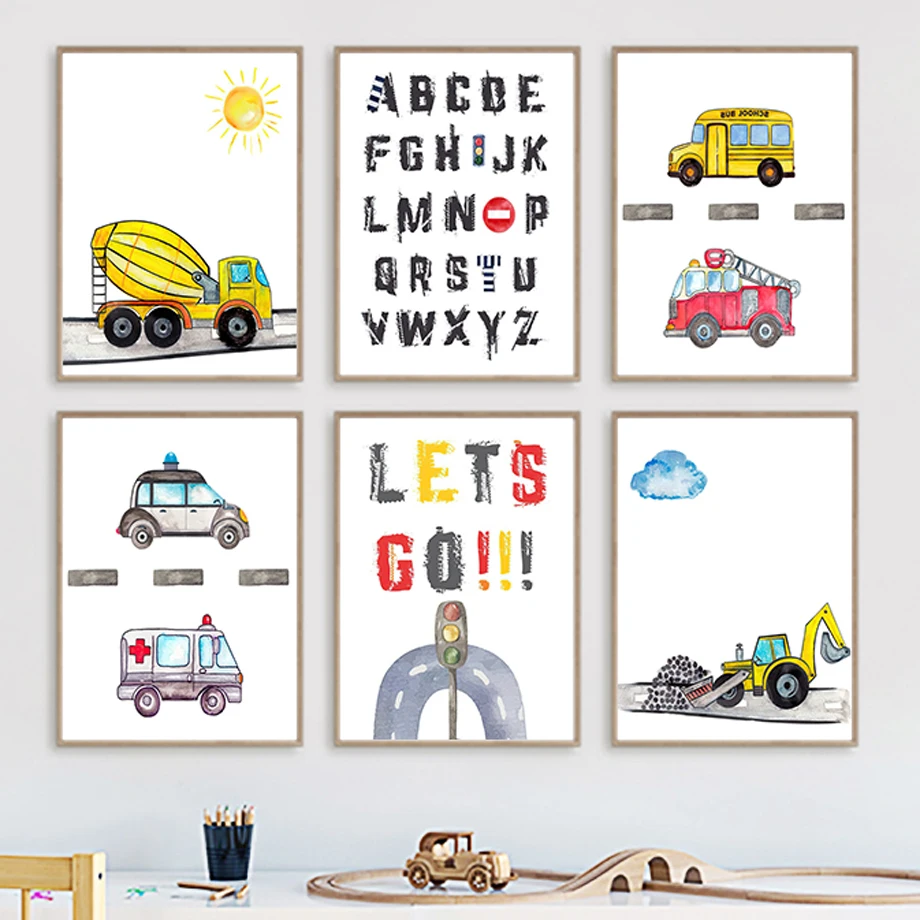 Número de dibujos animados camión de bomberos autobús escolar ambulancia cuadro sobre lienzo para pared carteles nórdicos e impresiones cuadros de pared decoración de la habitación de los niños
