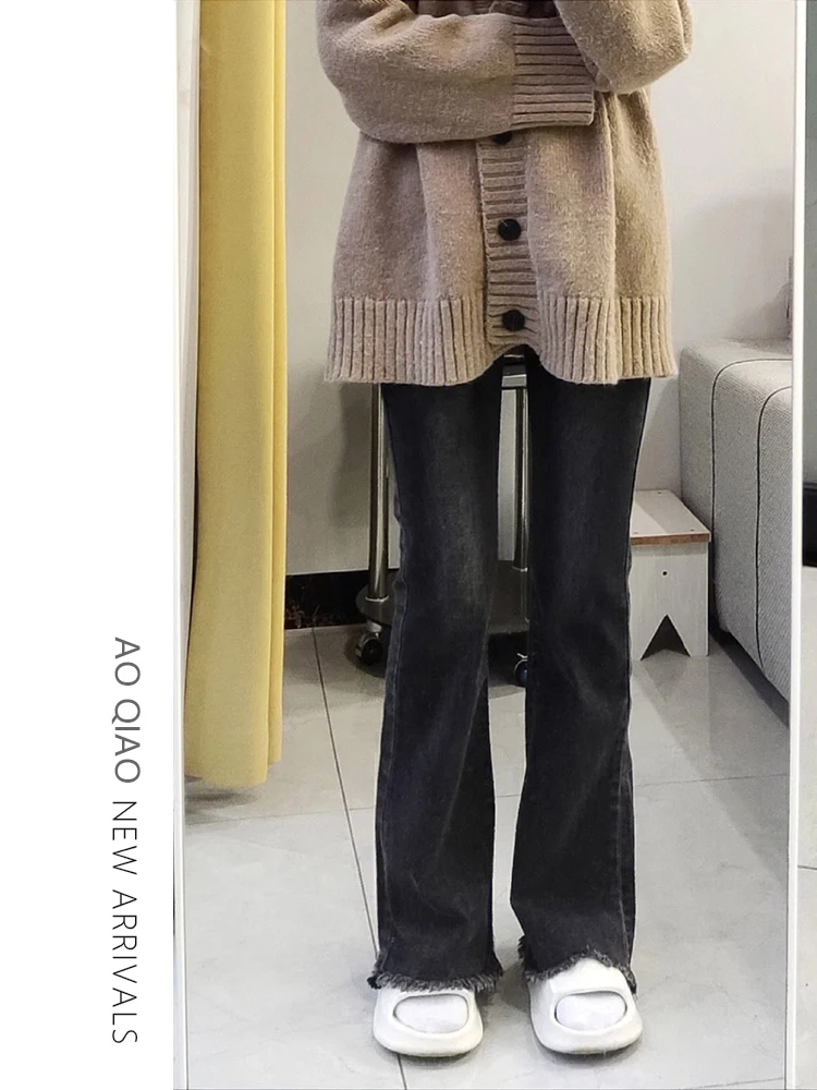 Pantalones vaqueros acampanados con forro de Fce de cintura alta para mujer, pantalones con pezuña elástica, adelgazantes, de talla grande, Color profundo, otoño