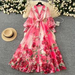 Elegant Lantern Sleeves Vintage Notched Collar Chic Print Fashion Sashes Slim Long Evening Dresses High Street Autumn Clothing