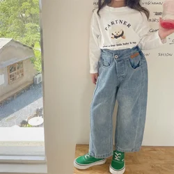 Spring Autumn girls fashion all-match straight jeans 2-6 years Kids retro style loose denim trousers