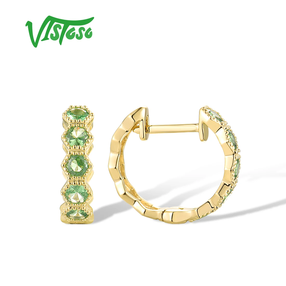 VISTOSO Genuine 14K 585 Yellow Gold Hoop Earrings For Women Sparkling Green Garnet Wedding Huggie Traditional Gifts Fine Jewelry