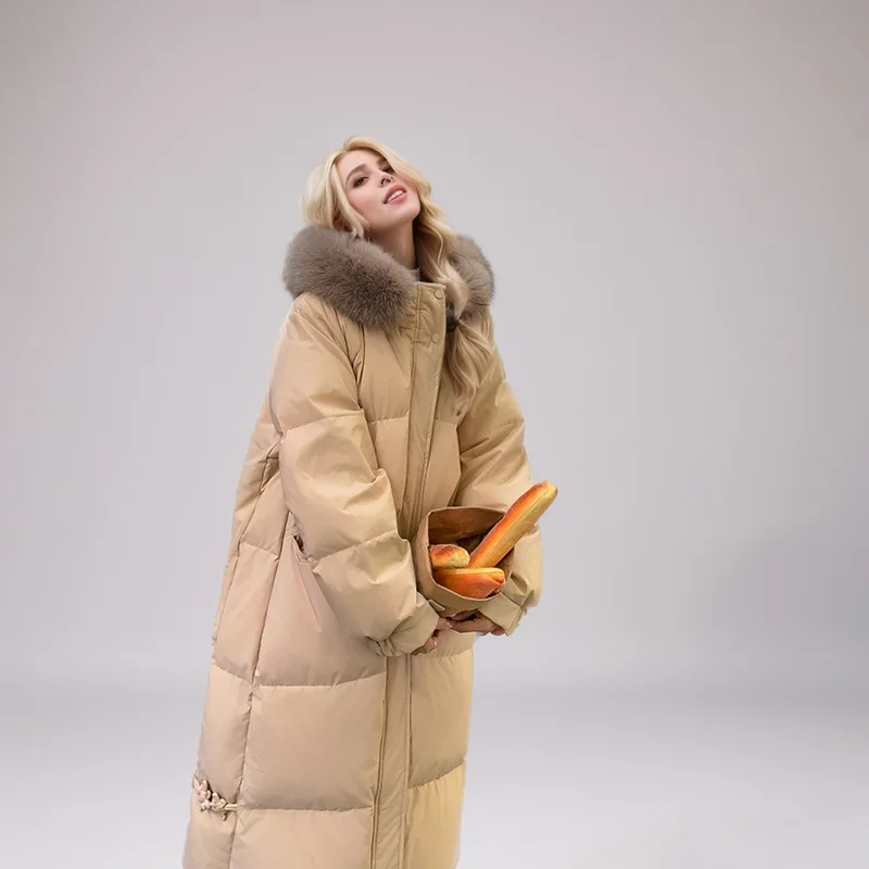 Winter Female's Parka Jacket Solid Elastic Cuffs Faux Fur Trimmed Pockets Hood Women's Coat Long Over-the-knee Jacket For Lady