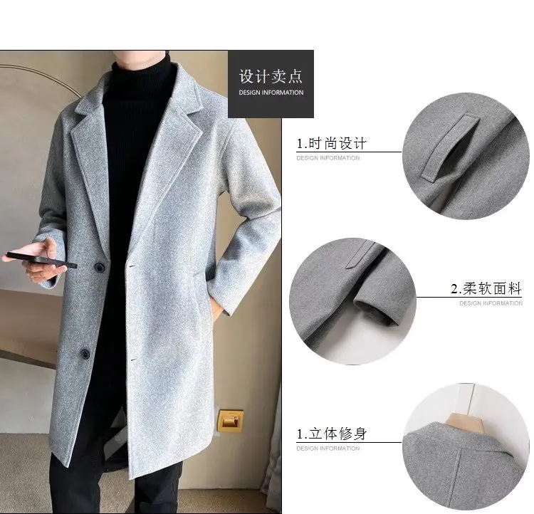 Light wind spring and autumn long woolen coat men\'s Korean version trend slim trench coat woolen coat