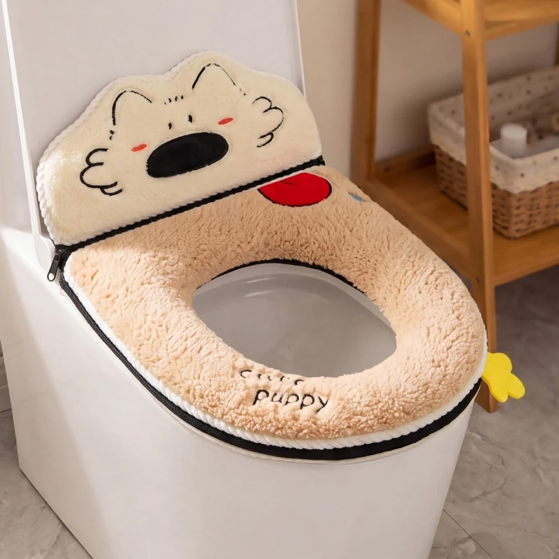 Warm Thickened Lamb Fleece Toilet Seat Cover with Backrest Cartoon Puppy Plush Toilet Seats Cushion Zipper Closure Washable Pad