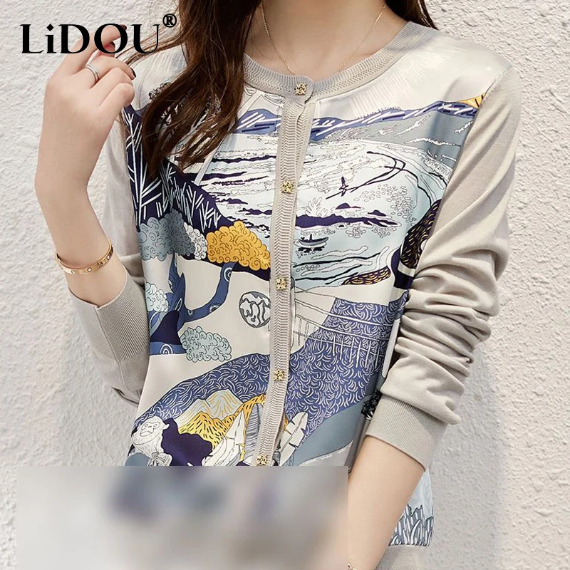 2023 Spring Autumn New Fashion Printing Round Neck Long Sleeve Knitting Cardigan Women Elegant Button Patchwork All-match Tops