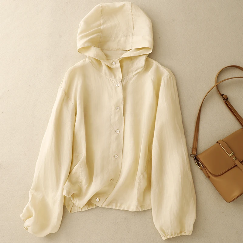 Cotton Hemp Hooded Cardigan Jacket Female Summer New Korean Fashion Temperament Leisure Vacation Air Conditioning Sun Shirt