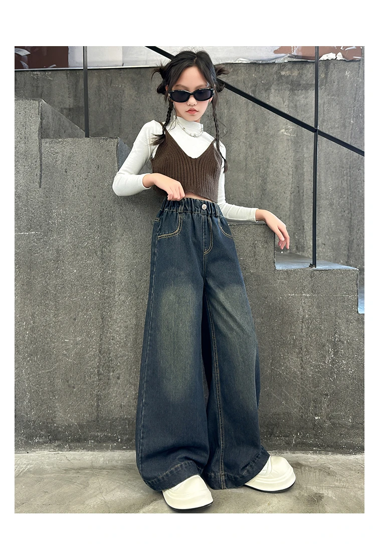 Modische High-Waist-Jeans mit weitem Bein für Teenager-Mädchen, Streetwear, lockere Denim-Hose, gewaschene dunkelblaue Jeans, Hose, Größe 5-14. – Detail 7