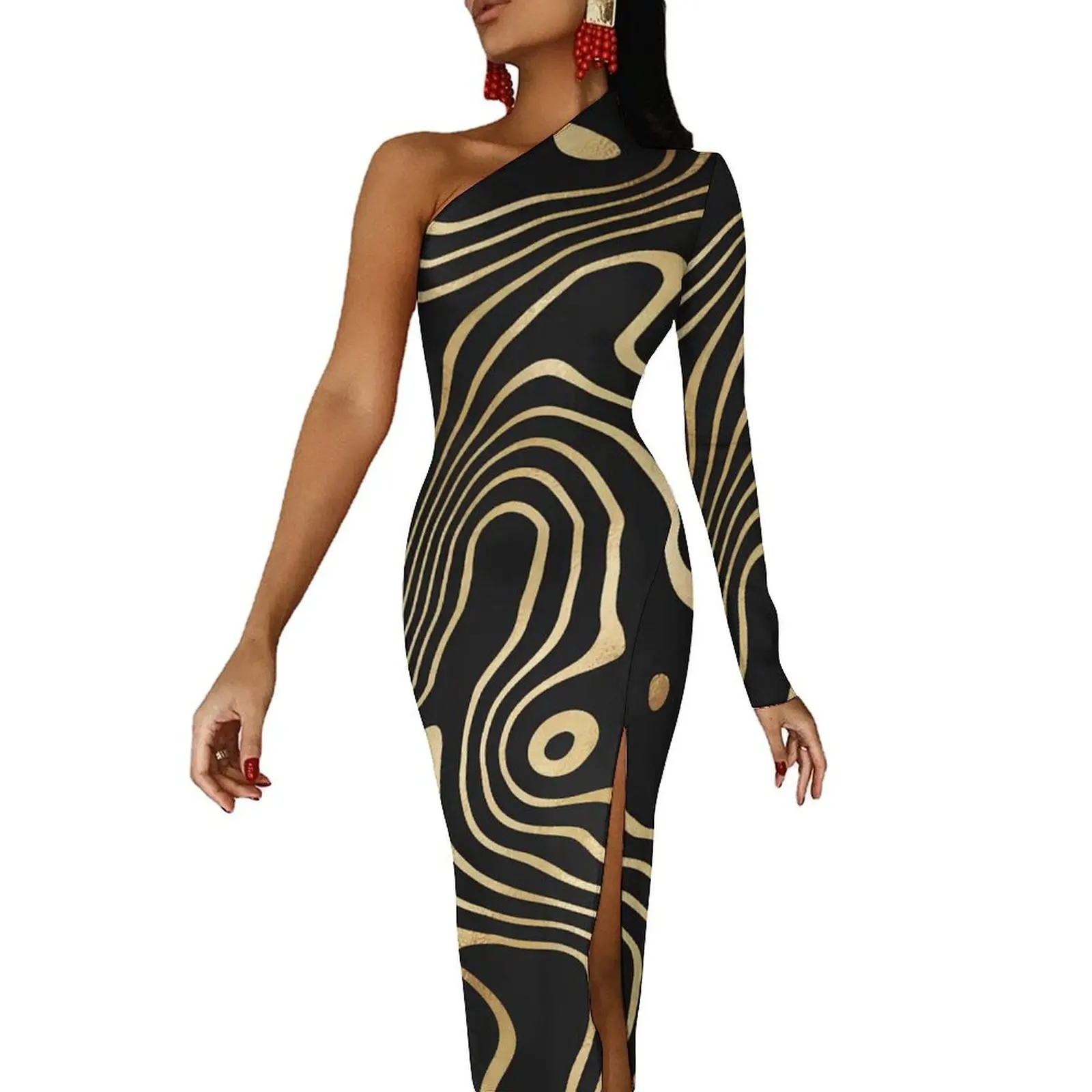 

Abstract Swirls Maxi Dress One Shoulder Black Gold Liquid Aesthetic Bodycon Dresses Autumn Club Dress Ladies Pattern Vestido