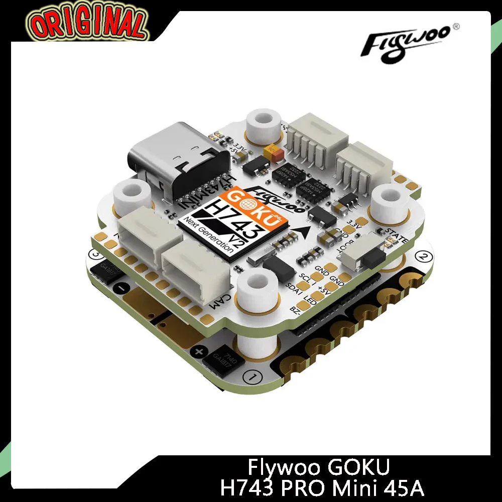 Flywoo GOKU H743 PRO Mini Flight Controller Stack - 32Bit 128K + G45M AM32 45A 4-IN-1 ESC 20*20mm for FPV Drone
