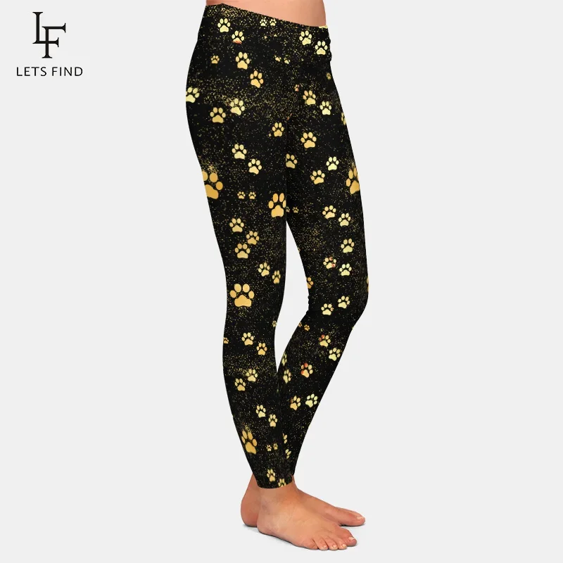 Brands Fashion High Waist Women Black Leggings Dog Paw Pattern Casual Milk Silk Leggings Hot Sale