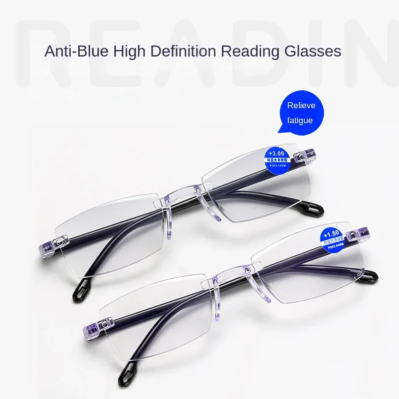 Gafas de lectura sin montura para personas mayores, anteojos de lectura para miopía, antiluz azul, graduadas para negocios, presbicia, 0 -100 -350