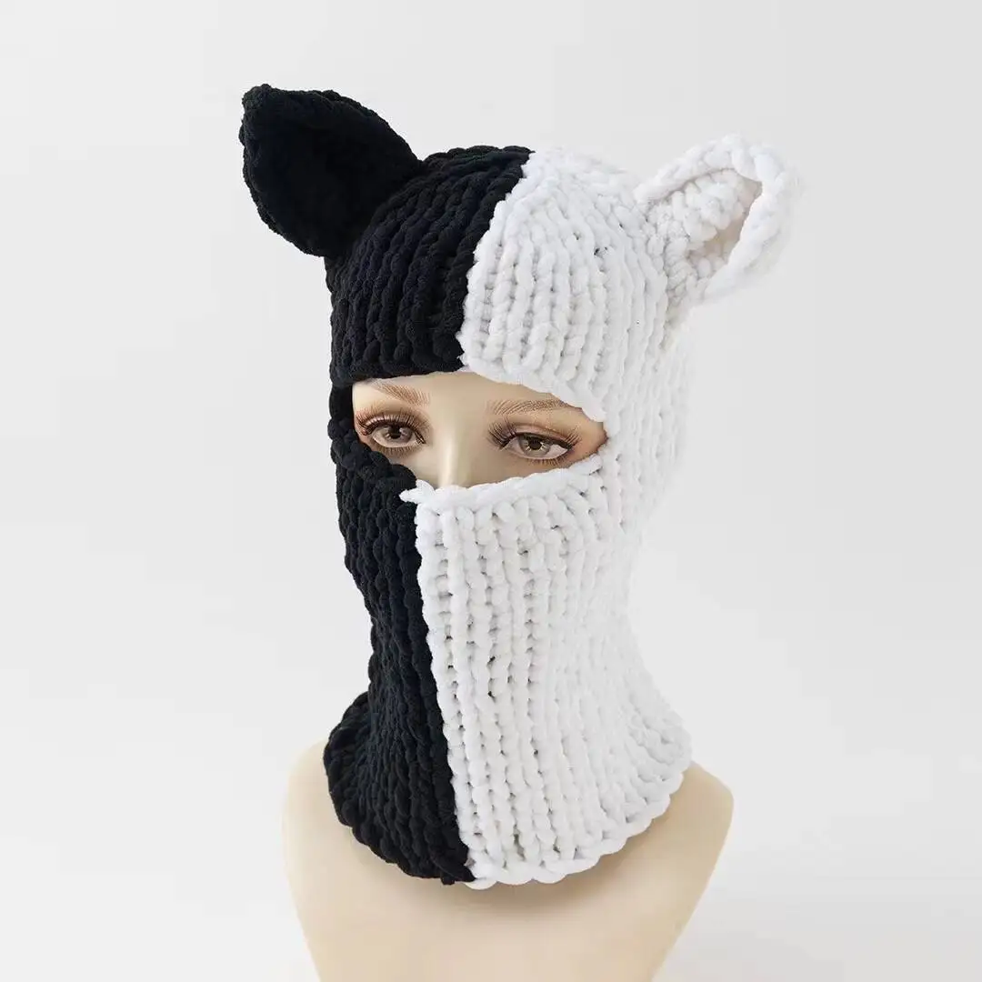 Y2K Long Rabbit Ear Funny Balaclava Hat Winter Thicken Warm Hand Made knitted Beanie Halloween Party Ski Mask Skullies Cap