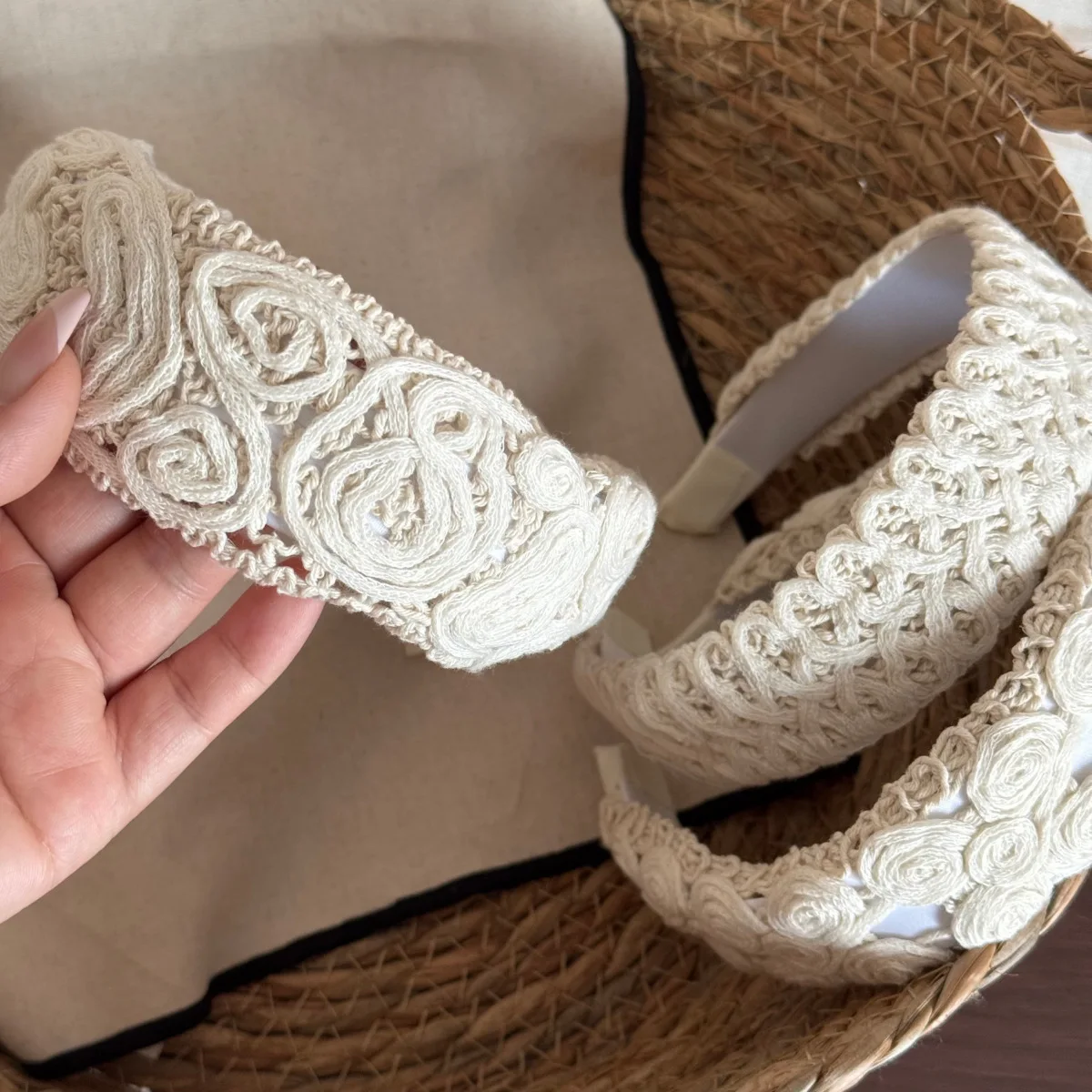 Headband Beige Woven Wide Band High Crown Non Slip Face Washing Secure Fit Daily Office Travel Women Hair Accessory