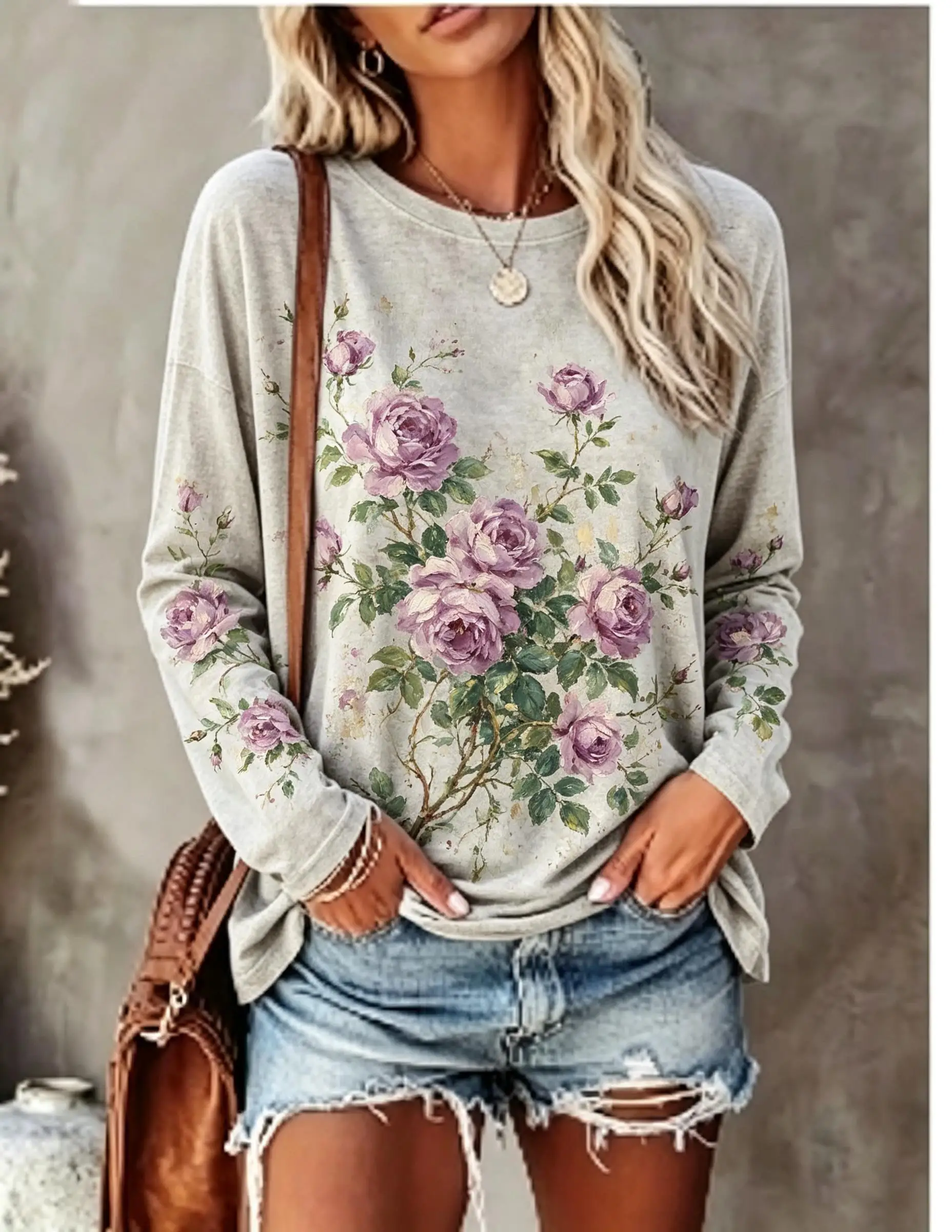 Women Long Sleeve T Shirt Vintage Purple Rose Floral Print Crew Neck Casual Boho Fall Tops