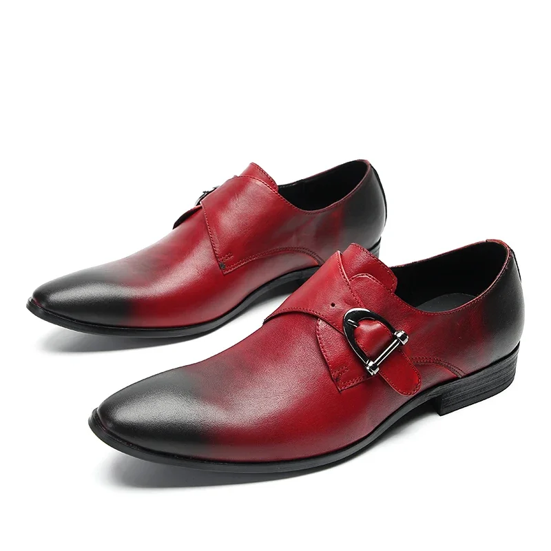 

Zapatos Red Genuine Leather Buckle Oxford Shoes Male Pointed Toe Wedding Formal Brogue Shoes Large Size Business Men Dress Shoes