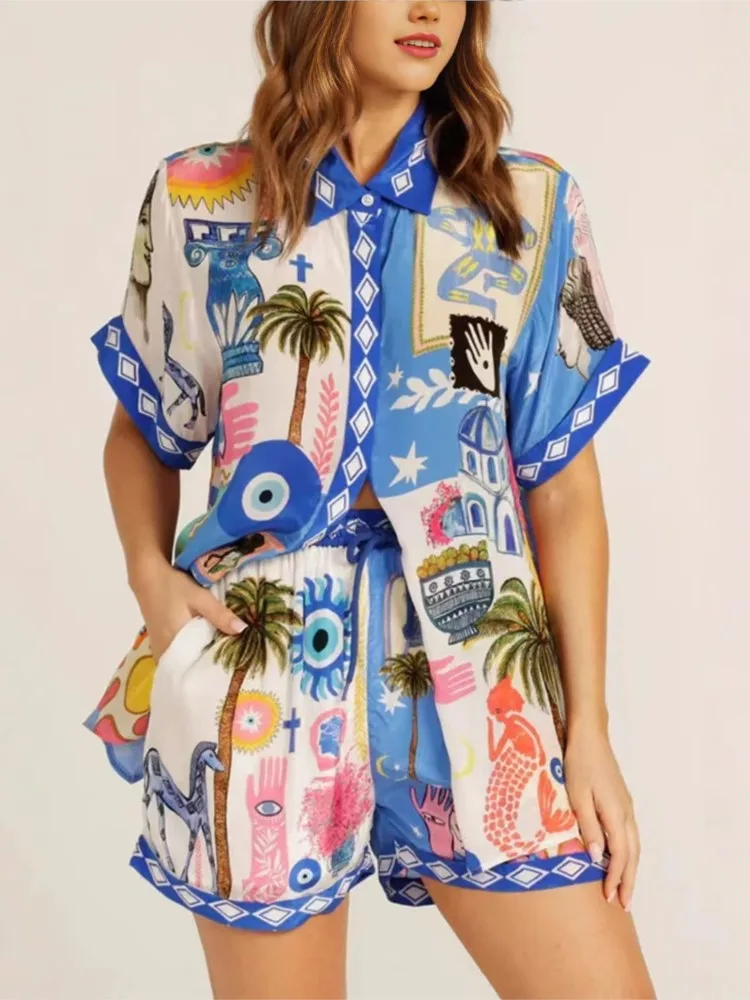 

Fashion Printed Short-sleeved Shirt Shorts 2 Piece Sets For Women 2025 Summer New Casual Loose Pocket Shorts Beach Vacation Suit