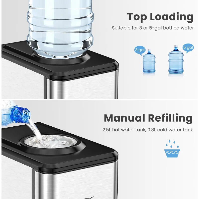 موزع مياه COSTWAY مع صانع الثلج، يحمل زجاجة 3-5 جالون، ماكينة تبريد المياه الباردة الساخنة 3 في 1 على سطح الطاولة