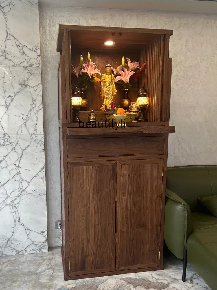 Black Walnut New Chinese Style Hidden Door Clothes Closet Buddha Niche with Door Household Minimalist God of Wealth Buddha