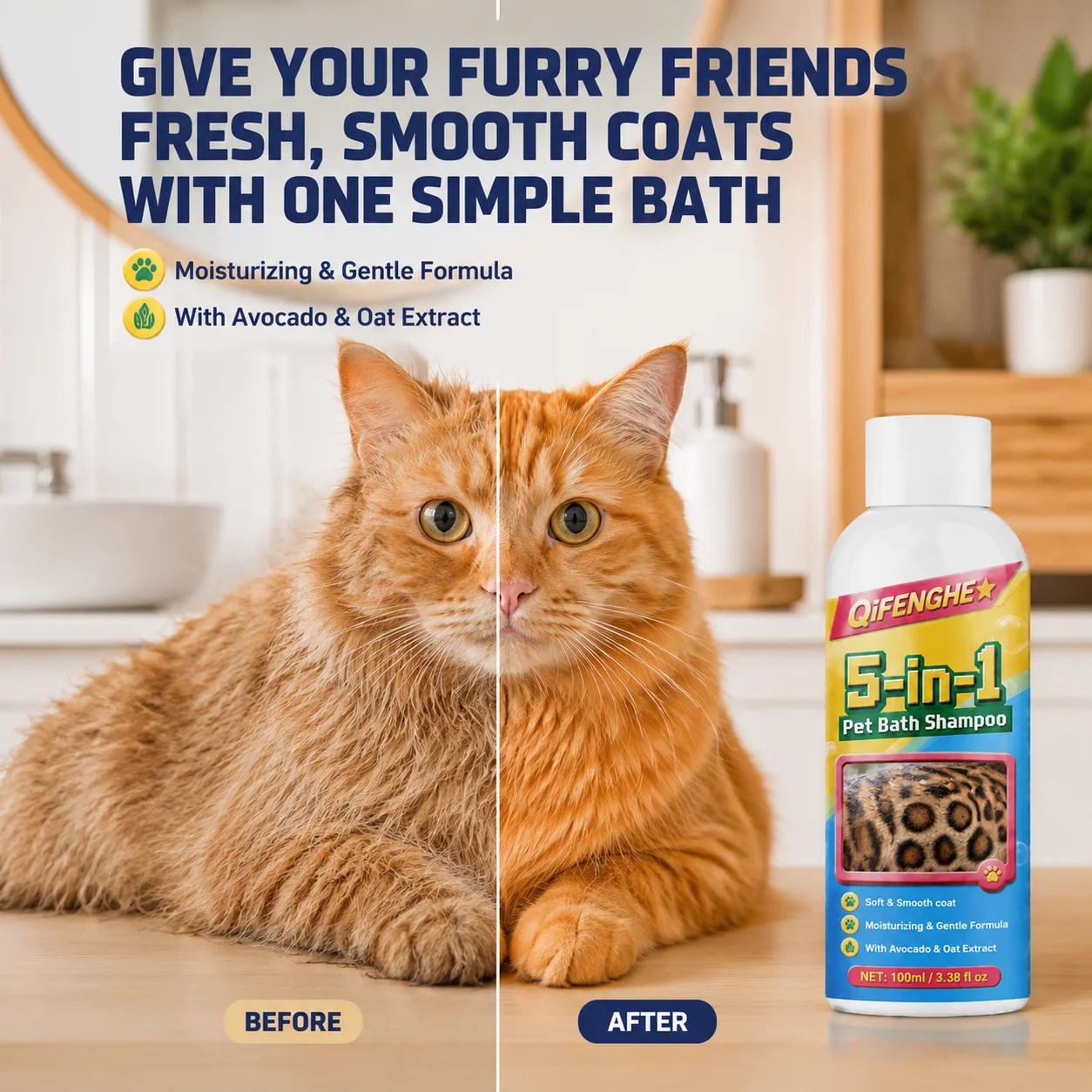 Natural Shine 5-in-1 Pet Shampoo for Weekly Bath, Moisturizing Avocado Oat, Soft and Smooth Coat, 100ml (3.38 fl oz)