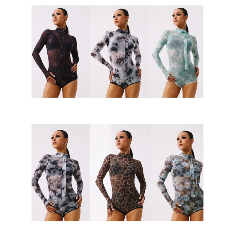 

Женская одежда для бальных танцев с длинными рукавами, 6 цветов, сетчатый комбинезон для латиноамериканских танцев для взрослых, женская одежда для румбы, самбы, латиноамериканских танцев, SL15028