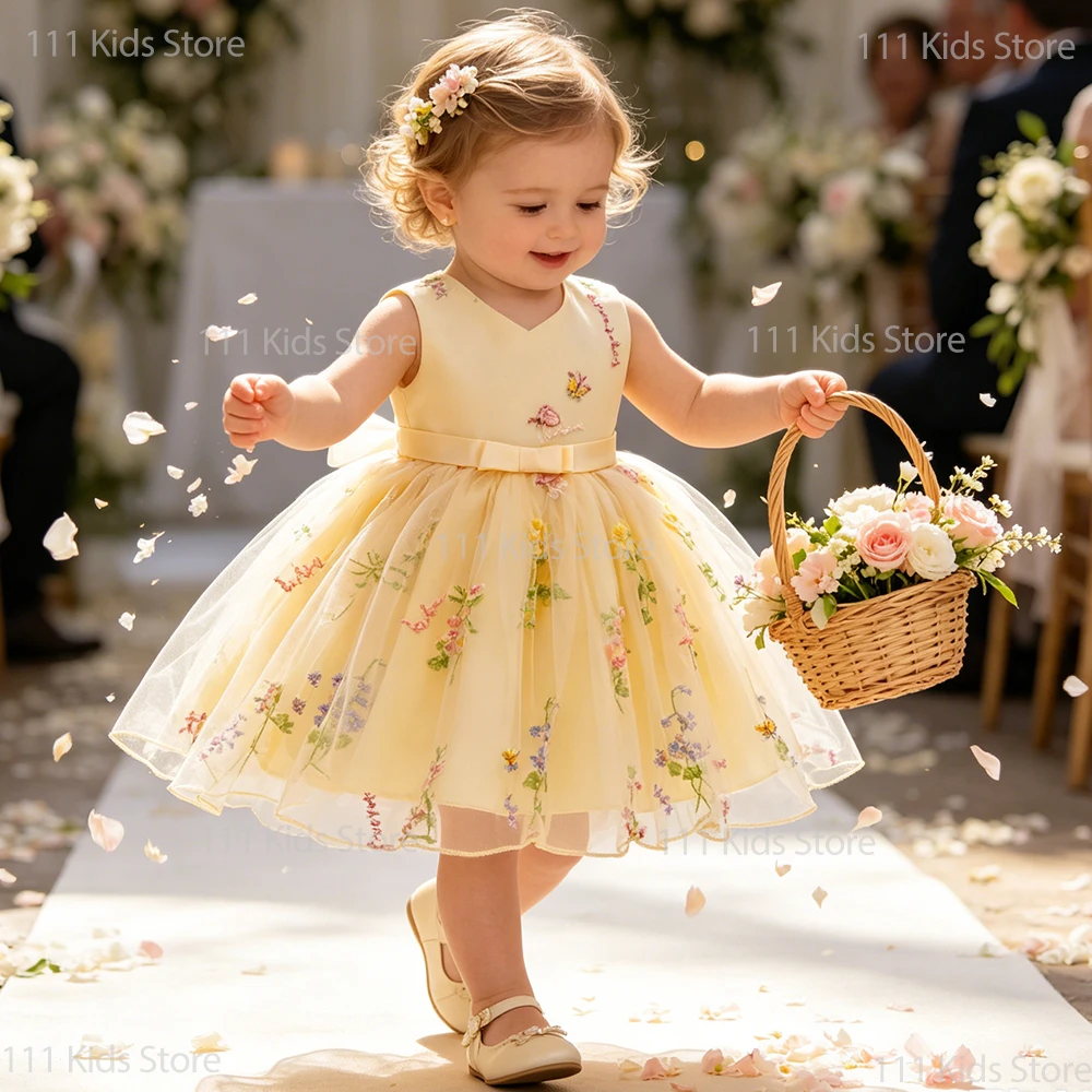 Flower Child Embroidery Wedding Dress Summer Prom Gown Toddler Girls Sleeveless Princess Dress Infant Tutu Dress Birthday Gift