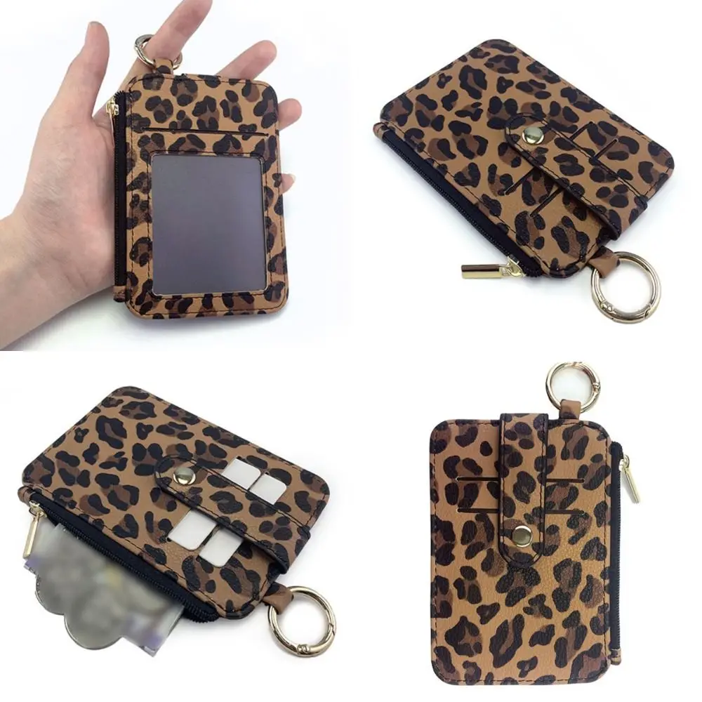 

Fashion Leopard Print Credit Cards Holder Slim PU Leather Mini Coin Pocket Korea Style Keychain Holder Women's Short Wallet IDs