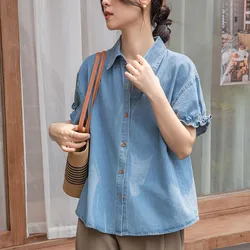 Women Casual Denim Shirt New Arrival 2024 Summer Korean Style Solid Color Basics Loose Female Short Sleeve Tops Shirts W1757