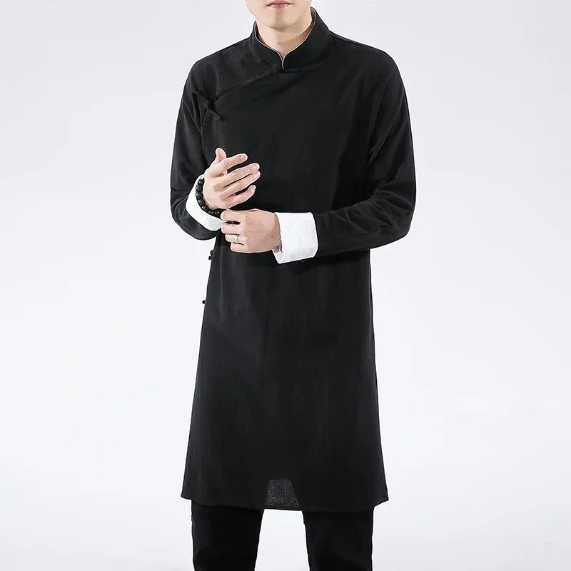 Streetwear Thin Tang Suit Coat Men 2021 Mens Linen Jacket Black Long Coat Male Hanfu Chinese Style Robe Harujuku Wind Breaker