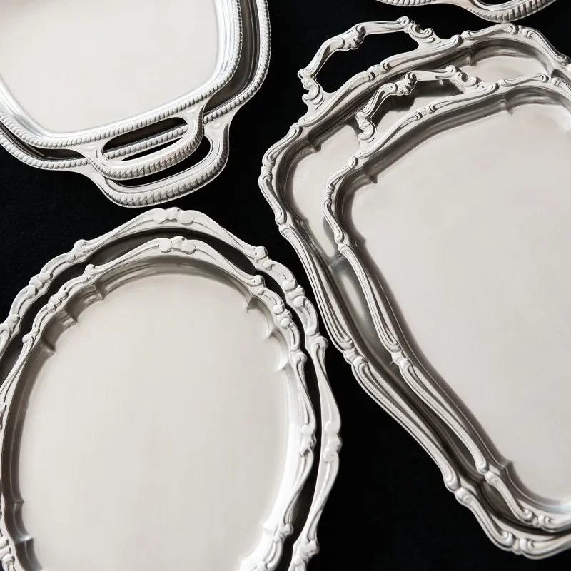Luxury Baroque Style Oval Serving Tray Stainless Steel Silver Fruit Plate Elegant Dessert Dish for Home Kitchen Dining Table