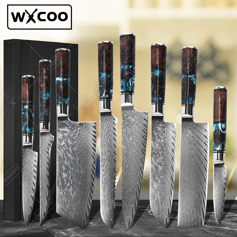 WXCOO มีดครัวอเนกประสงค์เหล็กดามัสกัส Chopper ขนมปังหั่น Chef ครัวอาหาร Sashimi Santoku มีดผลไม้ Peeler
