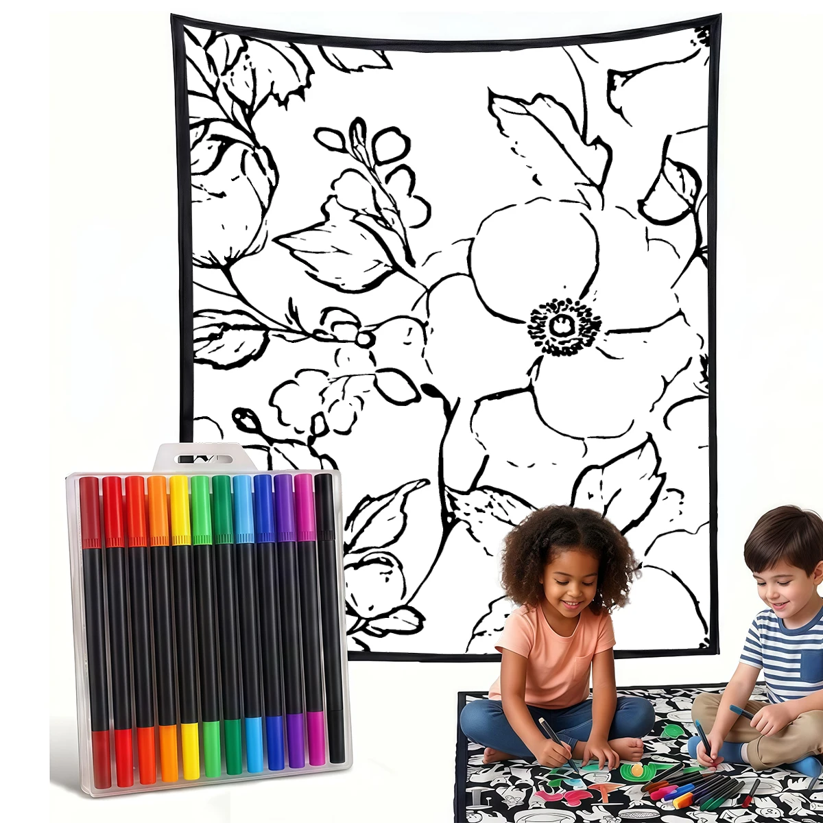 Cream Large Flowers DIY Cozy Coloring Blankets -24 Markers, Cozy Velvet Ideal For Daily Use Home Decor And Kids Spaces