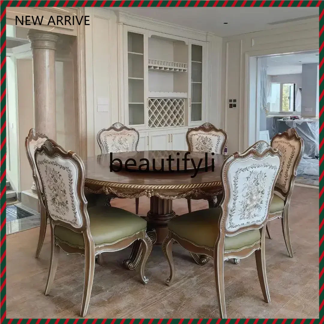 KK32 Solid Wood Carving Flower Round Dining Table French Court Light Luxury Dining Chair European Style